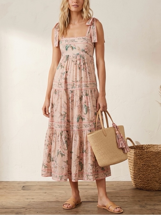 Zimmermann Pink Floral Moonshine Strappy Tie Shoulder Maxi Dress